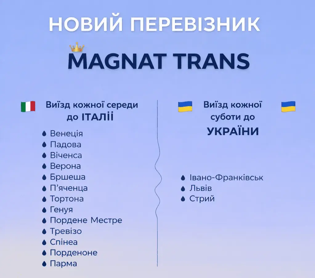 Новий перевізник — Magnat Trans: регулярні рейси Україна ↔ Італія